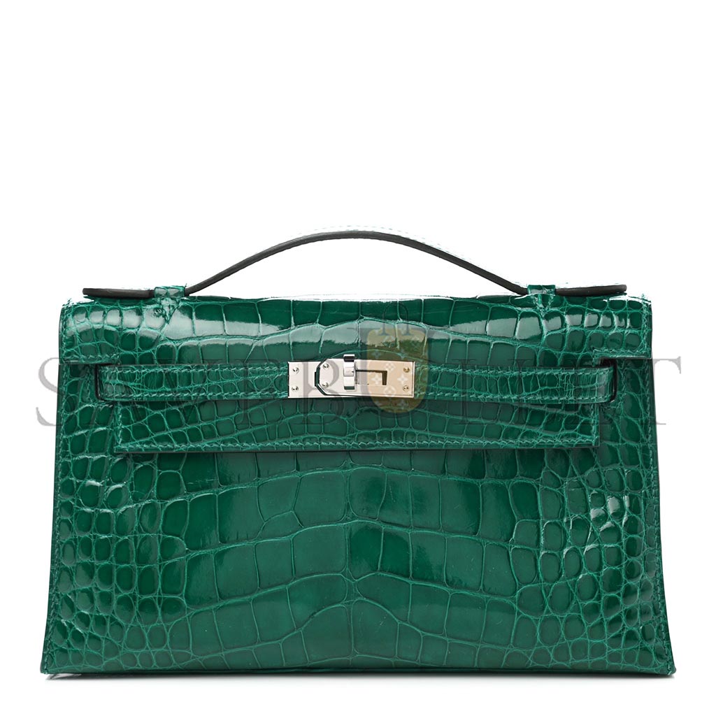 HERMÈS MASTER EMERALD SHINY ALLIGATOR MINI KELLY POCHETTE (22*14*7cm) 